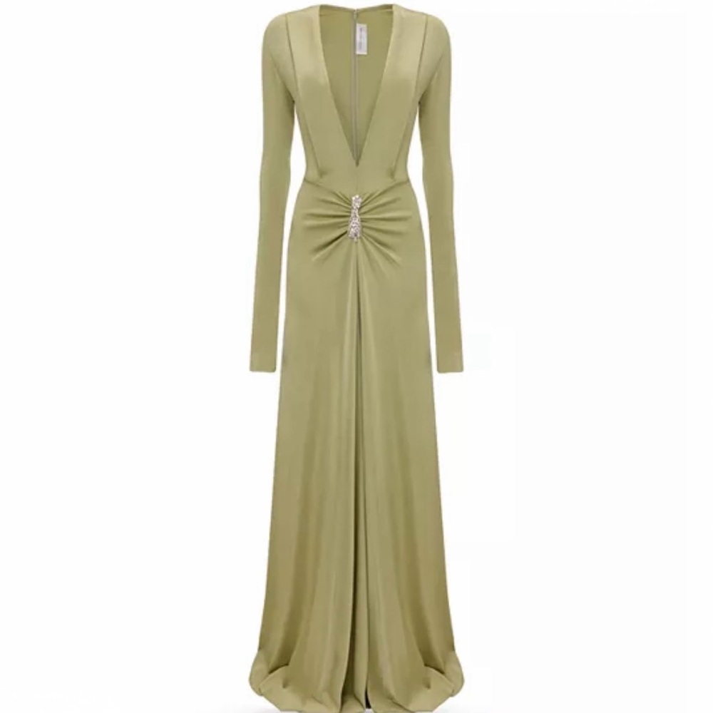 Embellished Long Sleeve Deep V-Neck Gown In Pistachio